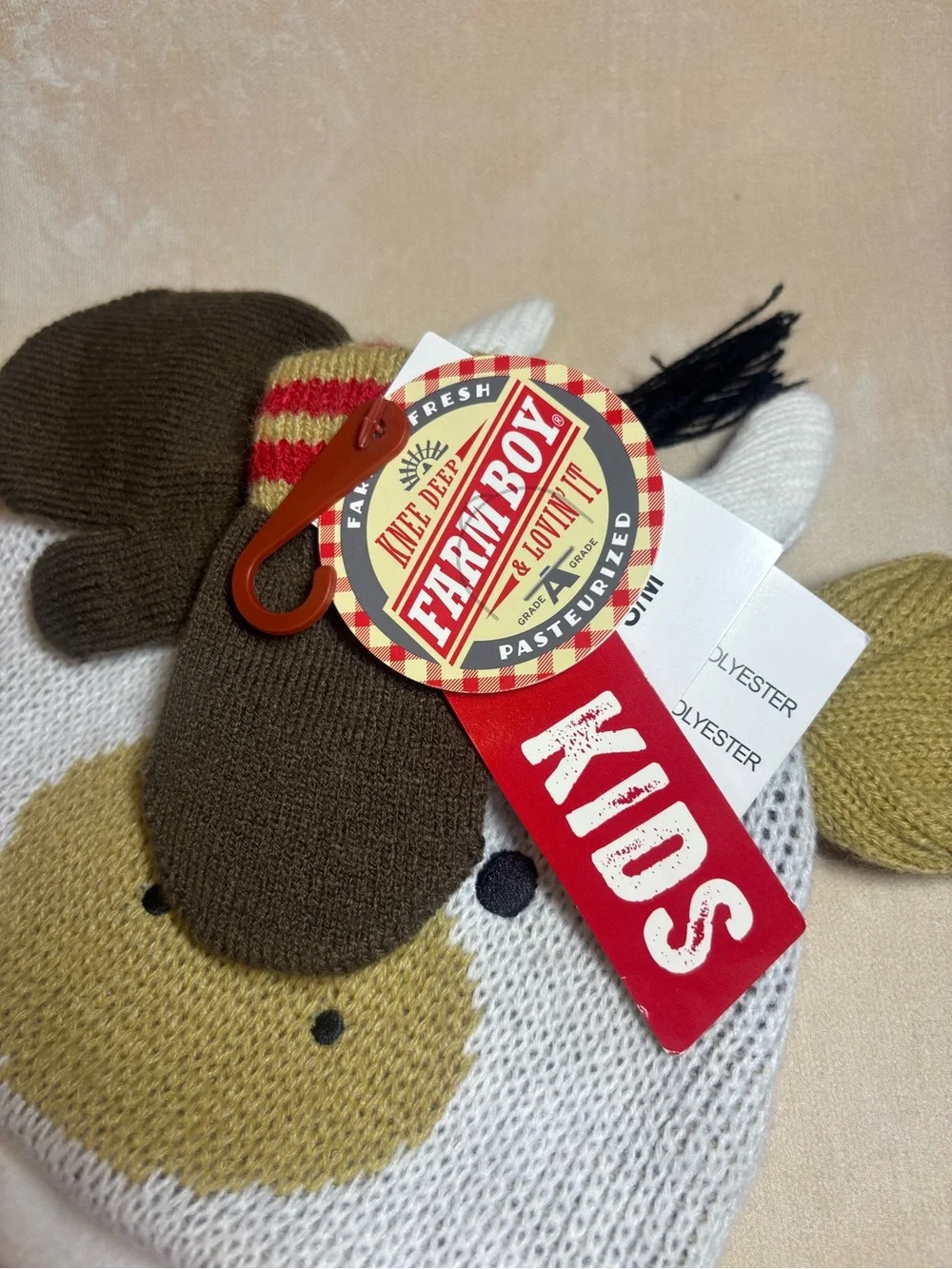 Toddler Cow Knit Earflap Hat with Braided Tassels & mittens, NWT